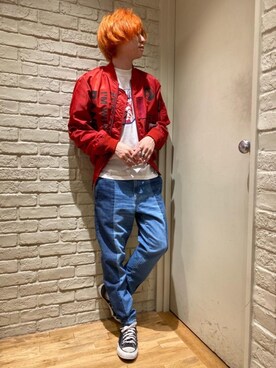 「アイテム（ミリタリージャケット、レッド系）」を使った、Mitsuさん（メンズ・170cm）の秋コーディネート