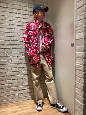 「アイテム（ミリタリージャケット、レッド系）」を使った、Mitsuさん（メンズ・170cm）の秋コーディネート