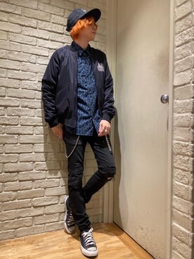 「HYSTERIC GLAMOUR（ヒステリックグラマー）のHYS WHISKY柄 刺繍キャップ（キャップ）」を使った、Mitsuさん（メンズ・170cm）の秋コーディネート