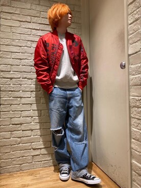 「アイテム（ミリタリージャケット、レッド系）」を使った、Mitsuさん（メンズ・170cm）の秋コーディネート