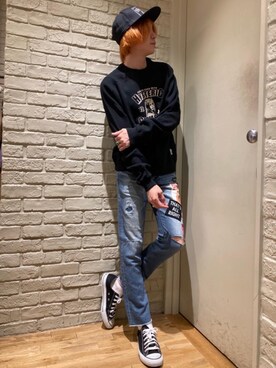 「HYSTERIC GLAMOUR（ヒステリックグラマー）のHYS WHISKY柄 刺繍キャップ（キャップ）」を使った、Mitsuさん（メンズ・170cm）の秋コーディネート