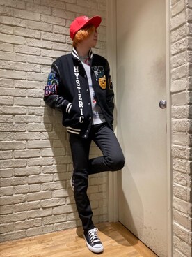 「HYSTERIC GLAMOUR（ヒステリックグラマー）のHYS WHISKY柄 刺繍キャップ（キャップ）」を使った、Mitsuさん（メンズ・170cm）の秋コーディネート