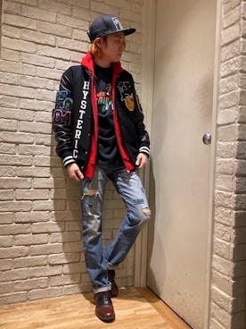 「HYSTERIC GLAMOUR（ヒステリックグラマー）のHYS WHISKY柄 刺繍キャップ（キャップ）」を使った、Mitsuさん（メンズ・170cm）の冬コーディネート