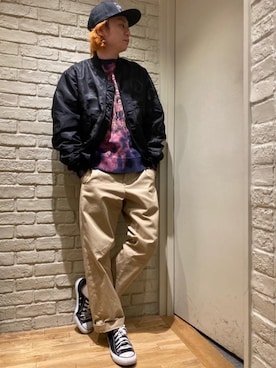 「HYSTERIC GLAMOUR（ヒステリックグラマー）のHYS WHISKY柄 刺繍キャップ（キャップ）」を使った、Mitsuさん（メンズ・170cm）の冬コーディネート