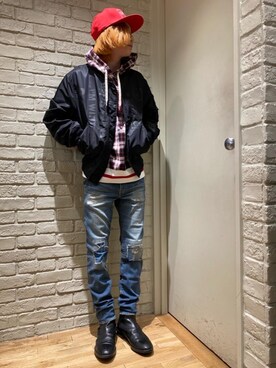 「HYSTERIC GLAMOUR（ヒステリックグラマー）のHYS WHISKY柄 刺繍キャップ（キャップ）」を使った、Mitsuさん（メンズ・170cm）の冬コーディネート