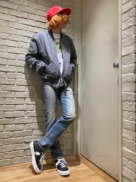 「HYSTERIC GLAMOUR（ヒステリックグラマー）のHYS WHISKY柄 刺繍キャップ（キャップ）」を使った、Mitsuさん（メンズ・170cm）の冬コーディネート