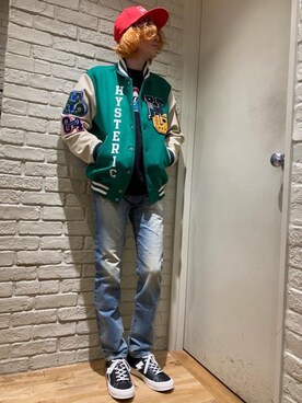 「HYSTERIC GLAMOUR（ヒステリックグラマー）のHYS WHISKY柄 刺繍キャップ（キャップ）」を使った、Mitsuさん（メンズ・170cm）の冬コーディネート