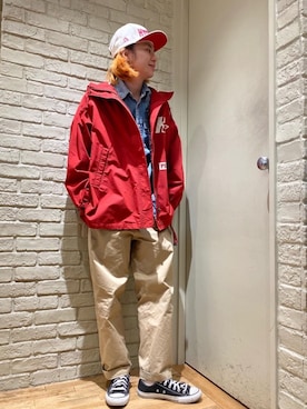 「アイテム（ミリタリージャケット、レッド系）」を使った、Mitsuさん（メンズ・170cm）の冬コーディネート