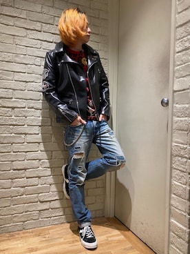 「レザーコーデ」｜「アイテム（スウェット）」を使った、Mitsuさん（メンズ・170cm）の冬コーディネート