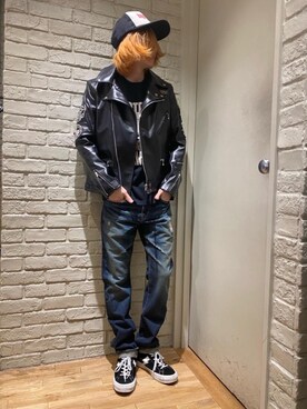 「レザーコーデ」｜「アイテム（帽子）」を使った、Mitsuさん（メンズ・170cm）の春コーディネート