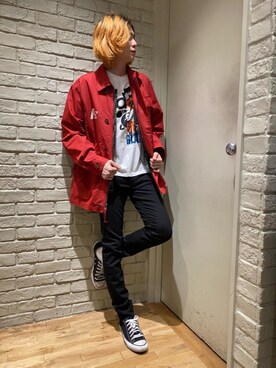 「アイテム（ミリタリージャケット、レッド系）」を使った、Mitsuさん（メンズ・170cm）の春コーディネート