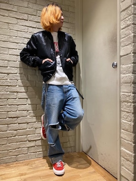 「HYSTERIC GLAMOUR（ヒステリックグラマー）のアイテム（スカジャン）」を使った、Mitsuさん（メンズ・170cm）の春コーディネート