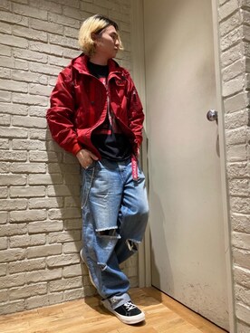 「アイテム（ミリタリージャケット、レッド系）」を使った、Mitsuさん（メンズ・170cm）の秋コーディネート