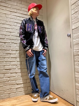 「HYSTERIC GLAMOUR（ヒステリックグラマー）のHYS WHISKY柄 刺繍キャップ（キャップ）」を使った、Mitsuさん（メンズ・170cm）の秋コーディネート