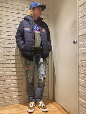 「HYSTERIC GLAMOUR（ヒステリックグラマー）のHYS WHISKY柄 刺繍キャップ（キャップ）」を使った、Mitsuさん（メンズ・170cm）の冬コーディネート