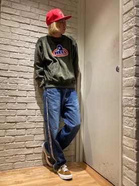 「HYSTERIC GLAMOUR（ヒステリックグラマー）のHYS WHISKY柄 刺繍キャップ（キャップ）」を使った、Mitsuさん（メンズ・170cm）の冬コーディネート