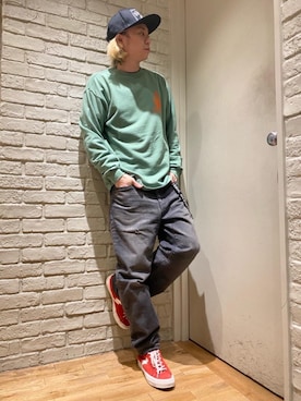 「HYSTERIC GLAMOUR（ヒステリックグラマー）のHYS WHISKY柄 刺繍キャップ（キャップ）」を使った、Mitsuさん（メンズ・170cm）の冬コーディネート