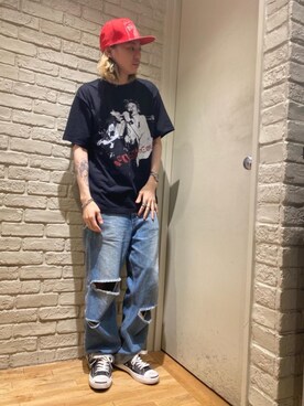 「HYSTERIC GLAMOUR（ヒステリックグラマー）のHYS WHISKY柄 刺繍キャップ（キャップ）」を使った、Mitsuさん（メンズ・170cm）の春コーディネート