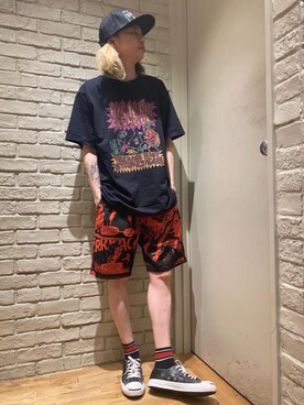 「HYSTERIC GLAMOUR（ヒステリックグラマー）のHYS WHISKY柄 刺繍キャップ（キャップ）」を使った、Mitsuさん（メンズ・170cm）の夏コーディネート