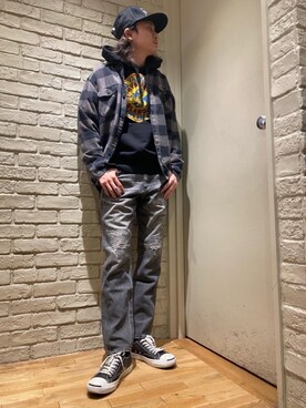 「HYSTERIC GLAMOUR（ヒステリックグラマー）のHYS WHISKY柄 刺繍キャップ（キャップ）」を使った、Mitsuさん（メンズ・170cm）の冬コーディネート