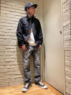 「HYSTERIC GLAMOUR（ヒステリックグラマー）のHYS WHISKY柄 刺繍キャップ（キャップ）」を使った、Mitsuさん（メンズ・170cm）の冬コーディネート