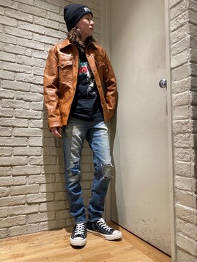 「レザーコーデ」｜「アイテム（その他アウター）」を使った、Mitsuさん（メンズ・170cm）の春コーディネート