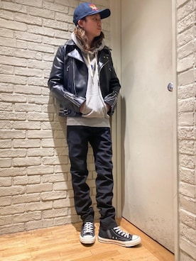「HYSTERIC GLAMOUR（ヒステリックグラマー）のアイテム（ライダースジャケット）」を使った、Mitsuさん（メンズ・170cm）の春コーディネート