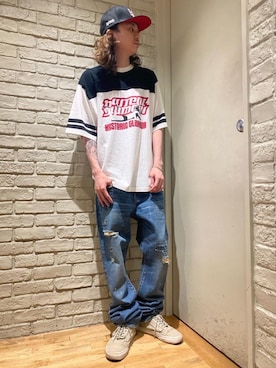 「ﾋﾞｯｸﾞｼﾙｴｯﾄ」｜「アイテム（帽子）」を使った、Mitsuさん（メンズ・170cm）の夏コーディネート