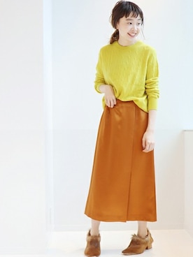 「アイテム（スカート、オレンジ系）」を使った、moritaさん（レディース・159cm）の冬コーディネート