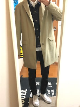 「ベージュコート」｜「アイテム（デニムジャケット）」を使った、かなたにさん（メンズ・183cm）の春コーディネート