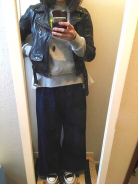 「フリンジデニム」｜「アイテム（ライダースジャケット）」を使った、JASさん（レディース・161cm）の冬コーディネート