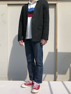 「N.HOOLYWOOD（N.ハリウッド）のアイテム（ノーカラージャケット）」を使った、Shun.さん（メンズ・169cm）の春コーディネート