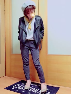 「ストライプパンツ」｜「アイテム（ライダースジャケット）」を使った、ａiﾁｬﾝﾈﾙさん（レディース・151cm）の秋コーディネート