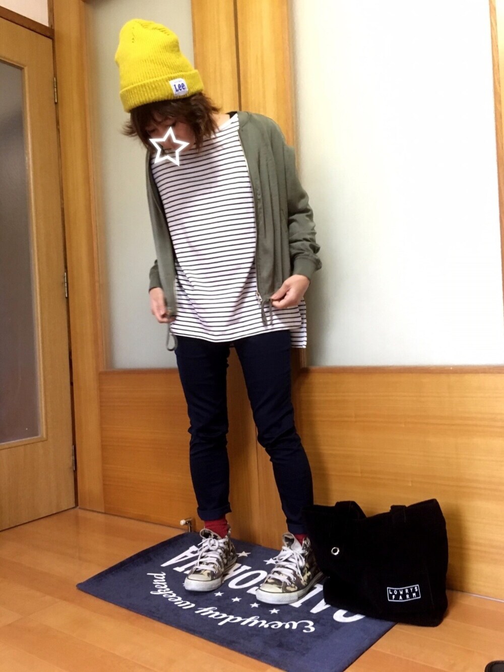 「wearhalloween2017、プチプラ、ボーダーワンピース、ニット帽」｜「Leeの【LEE】ニットワッチ（ニットキャップ/ビーニー、イエロー系）」を使った、ａiﾁｬﾝﾈﾙさん（レディース・151cm）の秋コーディネートの1枚目の写真