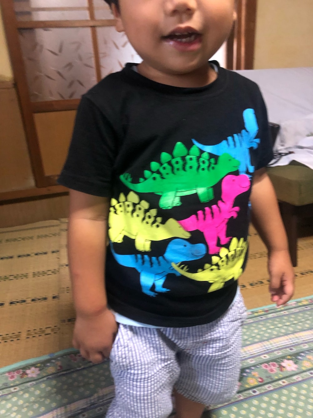 「恐竜のアイテム（Tシャツ/カットソー、ブラック系）」を使った、codycodeさん（メンズ・171cm）の夏コーディネートの1枚目の写真