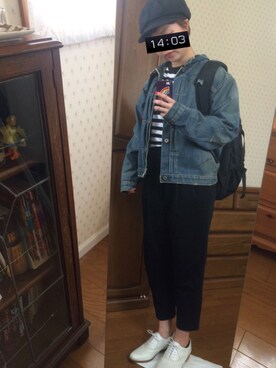 「usedのお父さんの借り物（デニムジャケット、ブルー系）」を使った、marukoさん（レディース・161cm）の春コーディネート