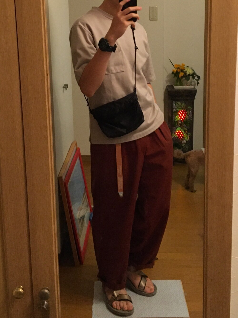 「夏コーデ、オレンジ、ワントーンコーデ」｜「GUのアイテム（Tシャツ/カットソー、ベージュ系）」を使った、まっすうさん（メンズ・165cm）の春コーディネートの1枚目の写真