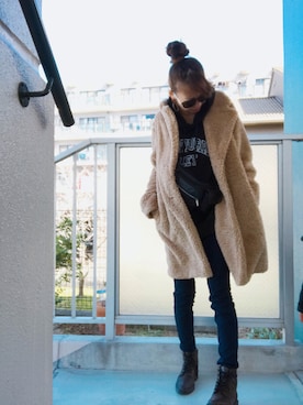 「ボアフリース」｜「アイテム（アクセサリー）」を使った、HONAMIさん（レディース・157cm）の冬コーディネート