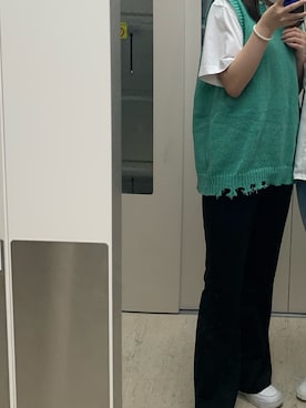 「UNIQLO（ユニクロ）のエアリズムコットンオーバーサイズTシャツ（5分袖）（Tシャツ/カットソー、ホワイト系）」を使った、momokaさん（レディース・157cm）の夏コーディネート