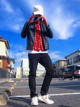 「SPINNS（スピンズ）のアイテム（ライダースジャケット）」を使った、りゅうたさん（メンズ・170cm）の冬コーディネート