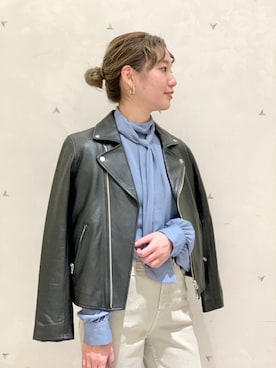「ボウタイ」｜「アイテム（ライダースジャケット）」を使った、ayumi920711さん（レディース・154cm）の冬コーディネート