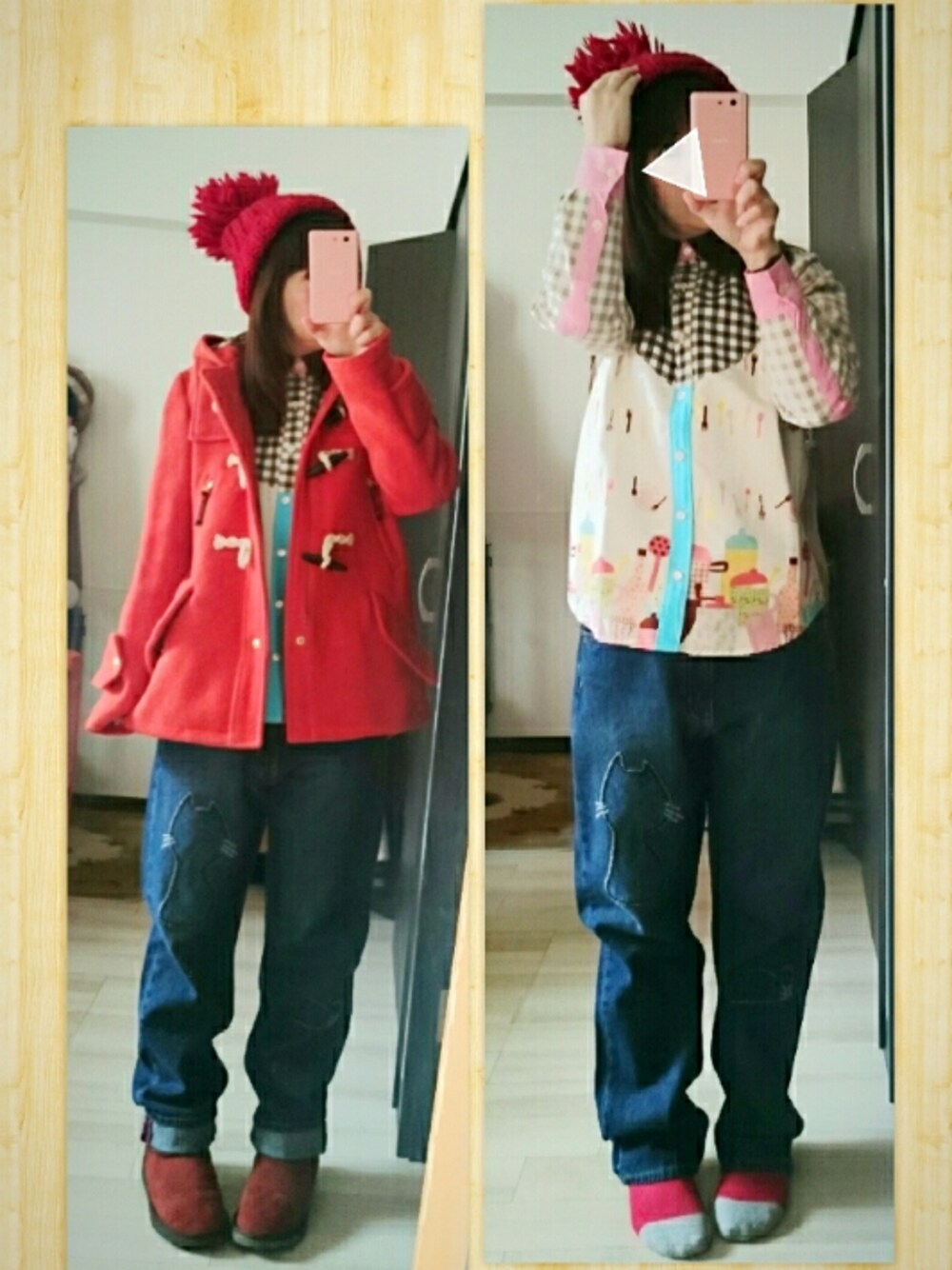 ブルー系のデニムパンツ、その他のシャツ/ブラウス、オレンジ系のシューズを着用したレディースの冬コーディネートの1枚目の写真