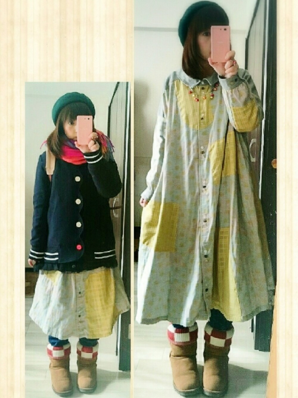ブルー系のデニムパンツ、ブルー系のピーコート、イエロー系のシャツワンピースを着用したレディースの冬コーディネートの1枚目の写真