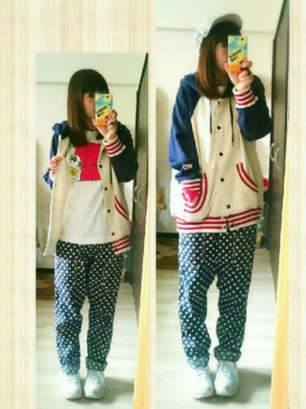 ブルー系のその他パンツ、ホワイト系のTシャツ/カットソー、ホワイト系のスニーカーを着用したレディースの春コーディネートの1枚目の写真