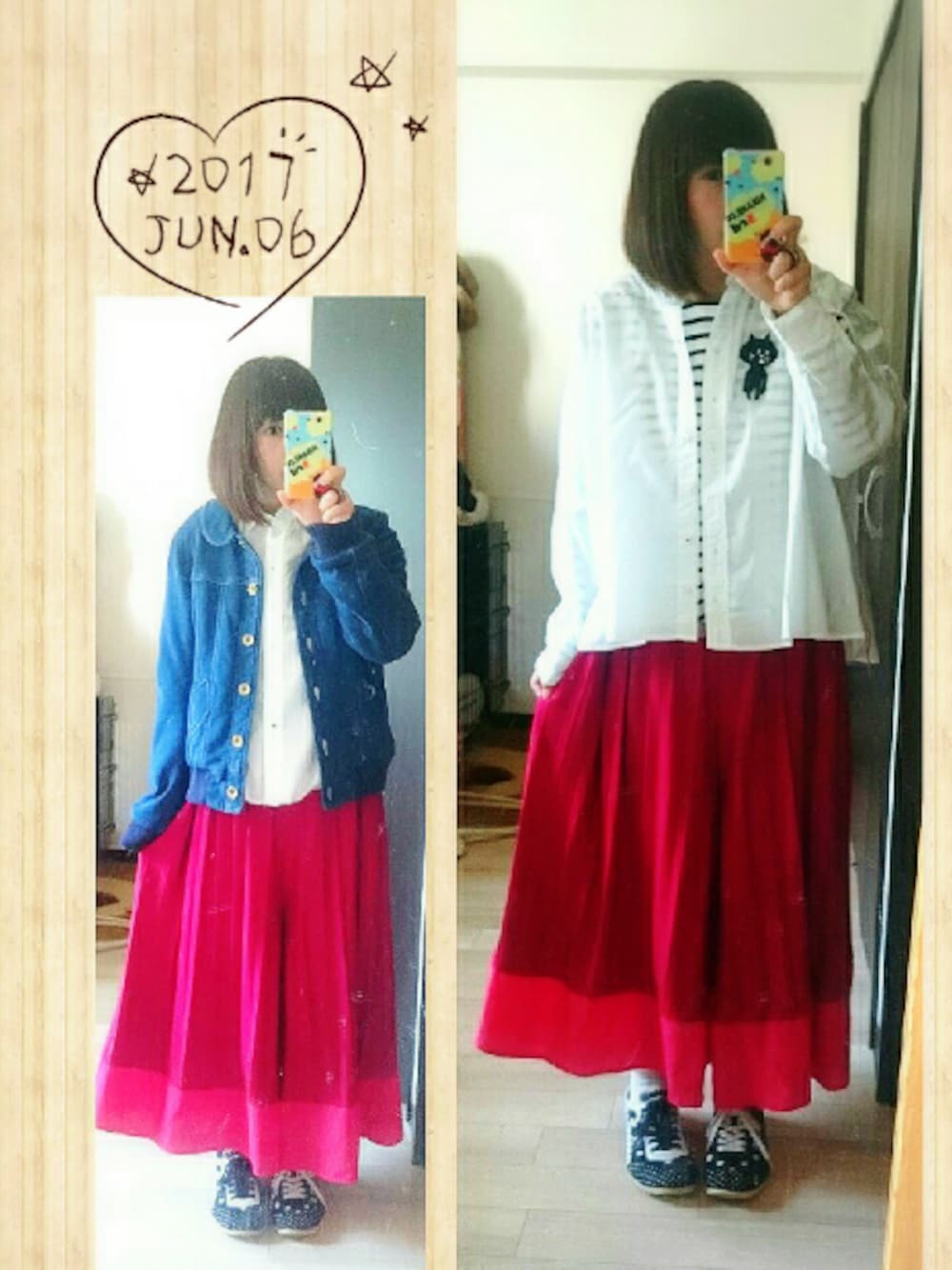 レッド系のその他パンツ、ブラック系のスニーカー、ブルー系のジャケット/アウターを着用したレディースの夏コーディネートの1枚目の写真