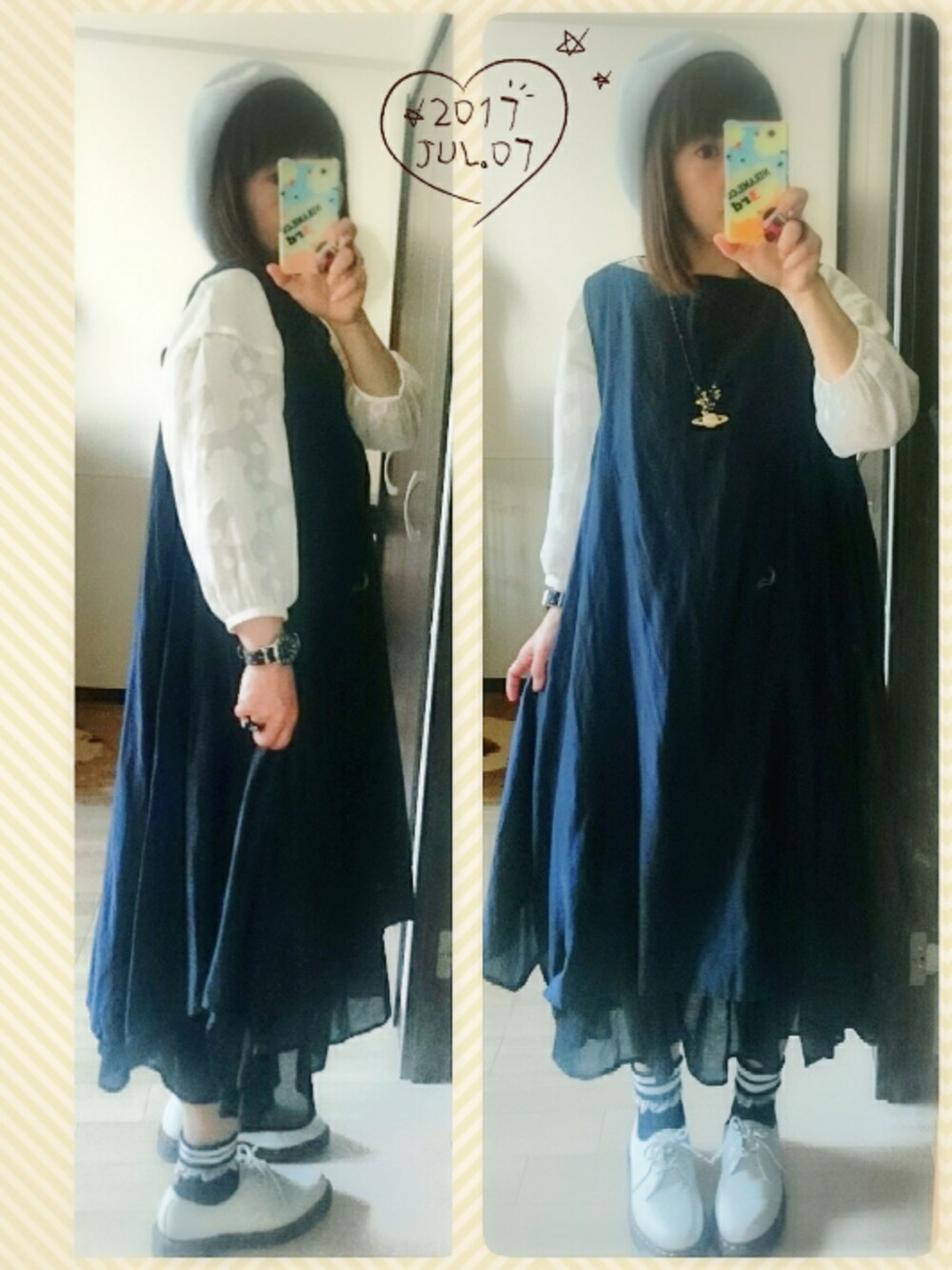ブルー系のワンピース、ホワイト系のシューズ、ホワイト系のシャツ/ブラウスを着用したレディースの夏コーディネートの1枚目の写真