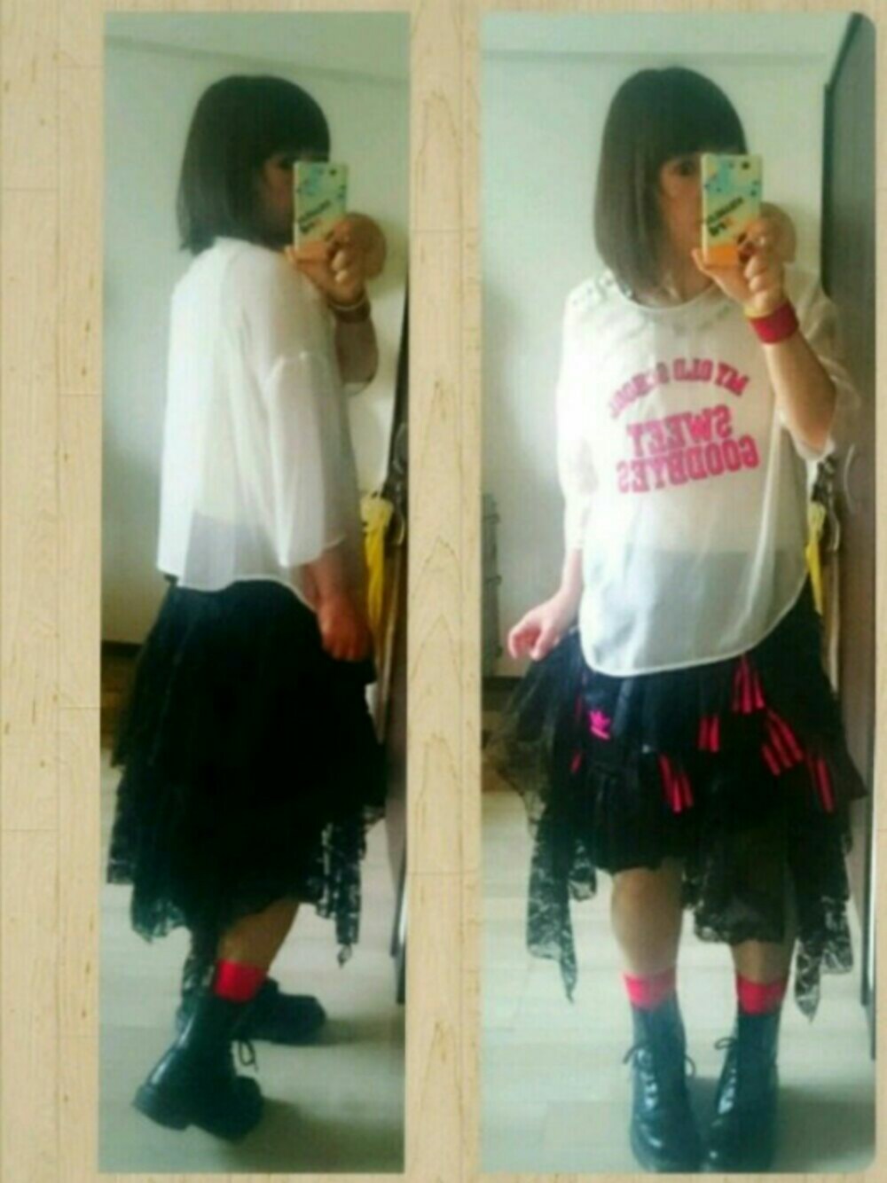 ブラック系のパンツ、ホワイト系のTシャツ/カットソー、ブラック系のブーツを着用したレディースの夏コーディネートの1枚目の写真