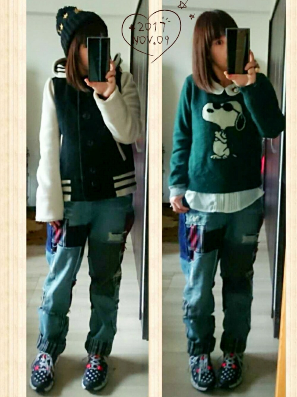 ブラック系のスニーカー、ブルー系のデニムパンツ、グリーン系のニット/セーターを着用したレディースの秋コーディネートの1枚目の写真