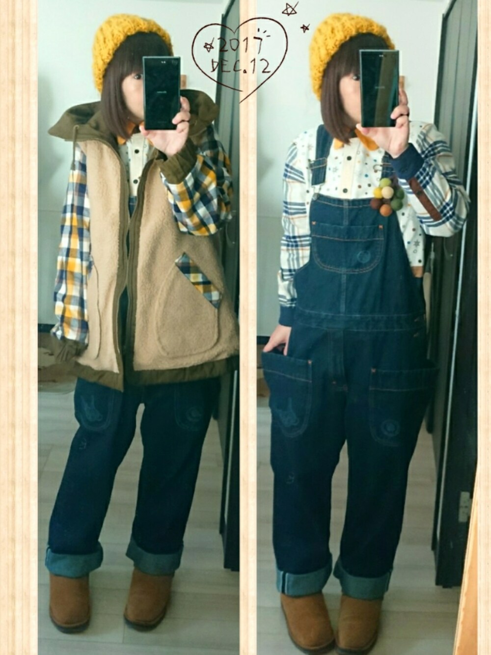 その他のシャツ/ブラウス、グリーン系のモッズコート、ブルー系のサロペット/オーバーオールを着用したレディースの冬コーディネートの1枚目の写真