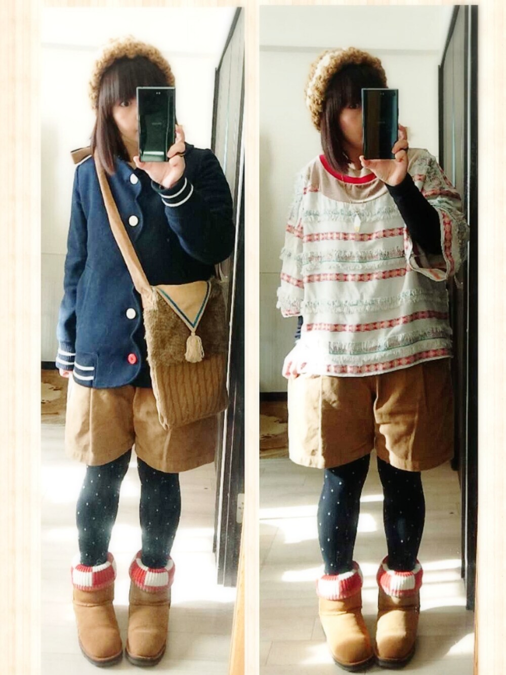 グレー系のシャツ/ブラウス、イエロー系のブーツ、ブラウン系のショルダーバッグを着用したレディースの冬コーディネートの1枚目の写真